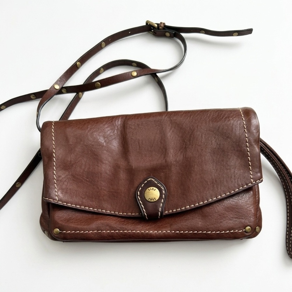 FRYE Brown Leather Flap Crossbody Bag with Contrast Stitching